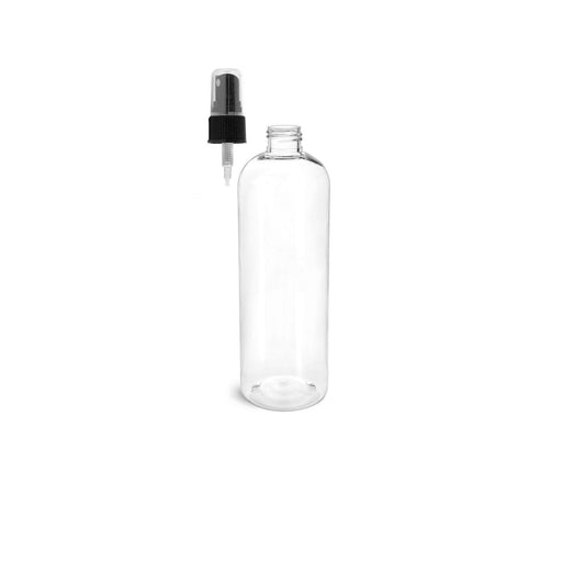 16 oz Clear Cosmo Round Bottles, Black Spray Cap (8 Pack)