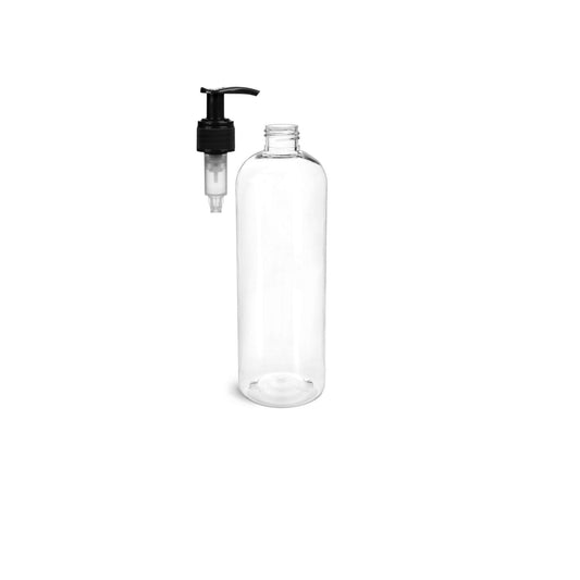 16 oz Clear Cosmo Round Bottles, Black Pump Cap (8 Pack)