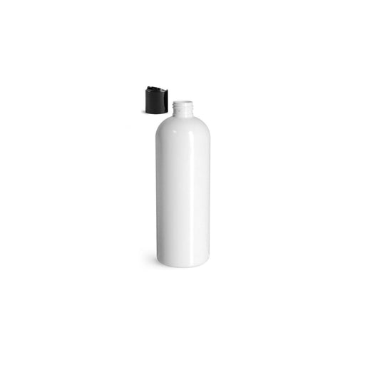 16 oz White Cosmo Round Bottles, Black Disc Cap (10 Pack)