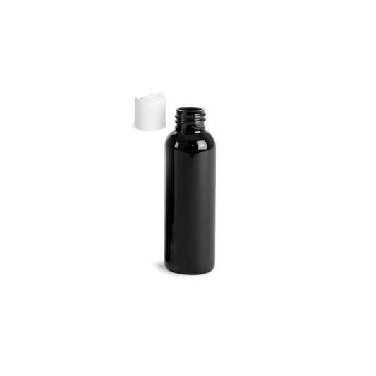 2 oz Black Cosmo Round Bottles, White Disc Cap (Pack of 12)