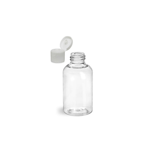 2 oz Clear Boston Round Bottles, White Ribbed Snap Cap (12 Pack)