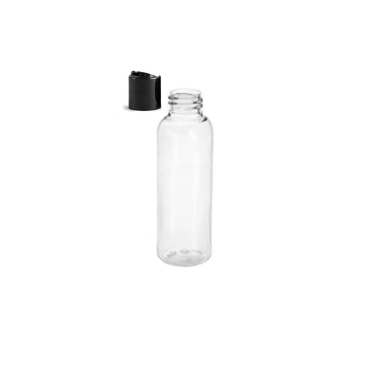 2 oz Clear Cosmo Round Bottles, Black Disc Cap (12 Pack)