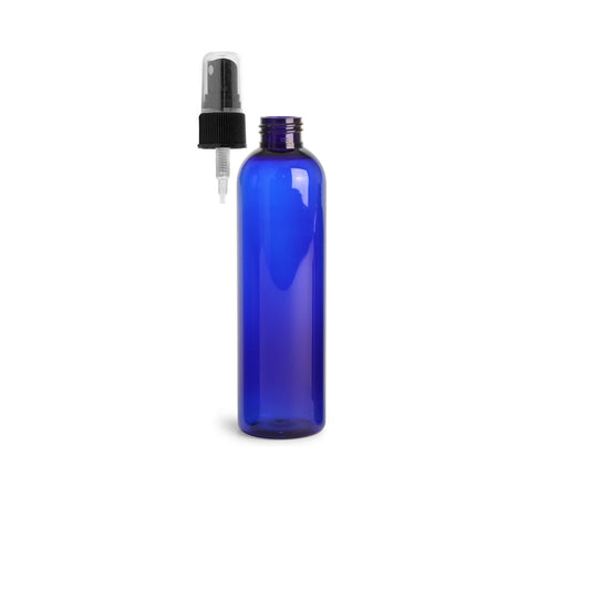 8 oz Blue Cosmo Round Bottles, Black Spray Cap (8 Pack)