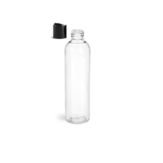 8 oz Clear Cosmo Round Bottles, Black Disc Cap (12 Pack)