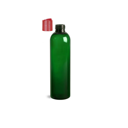 8 oz Green Cosmo Round Bottles, Coral Pink Disc Cap (12 Pack)