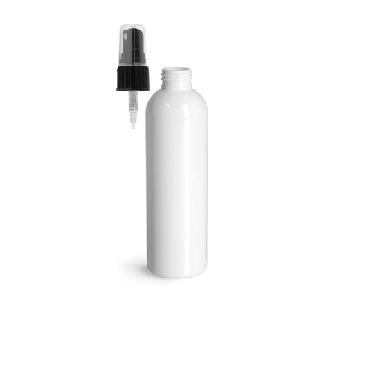 8 oz White Cosmo Round Bottles, Black Spray Cap (8 Pack)