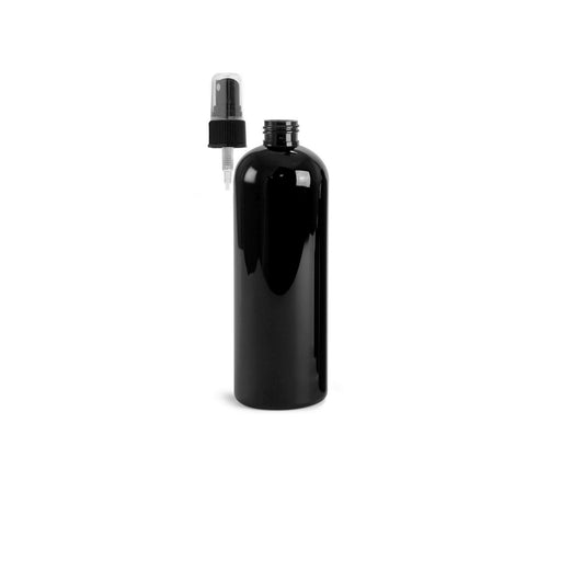 16 oz Black Cosmo Round Bottles, Black Spray Cap (8 Pack)