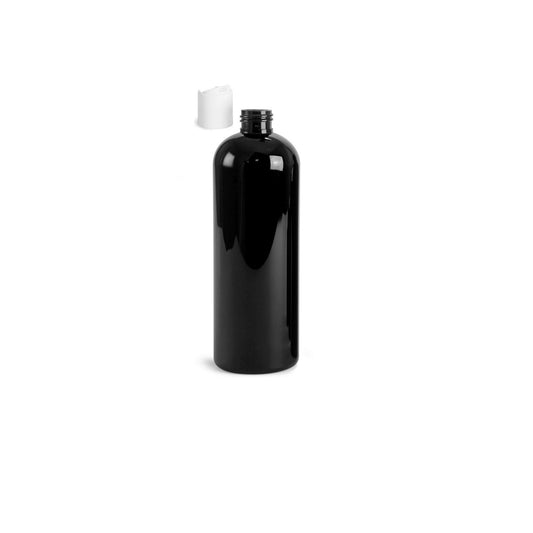 16 oz Black Cosmo Round Bottles, White Disc Cap (10 Pack)