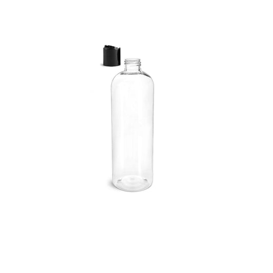 16 oz Clear Cosmo Round Bottles, Black Disc Cap (10 Pack)