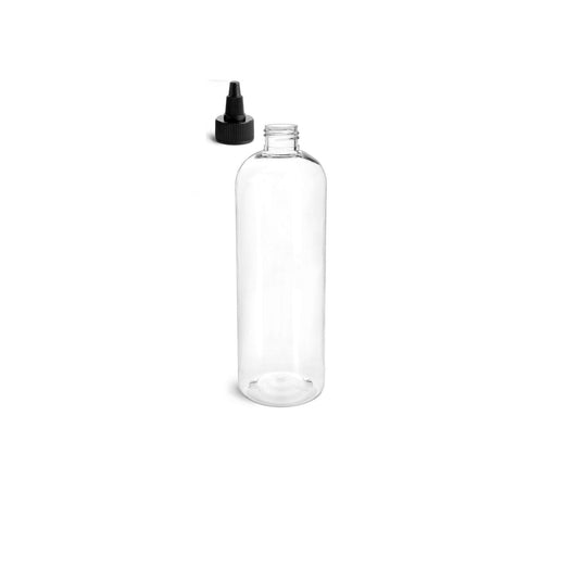16 oz Clear Cosmo Round Bottles, Black Twist Cap (10 Pack)