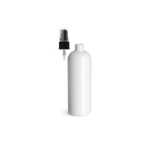 16 oz White Cosmo Round Bottles, Black Spray Cap (8 Pack)