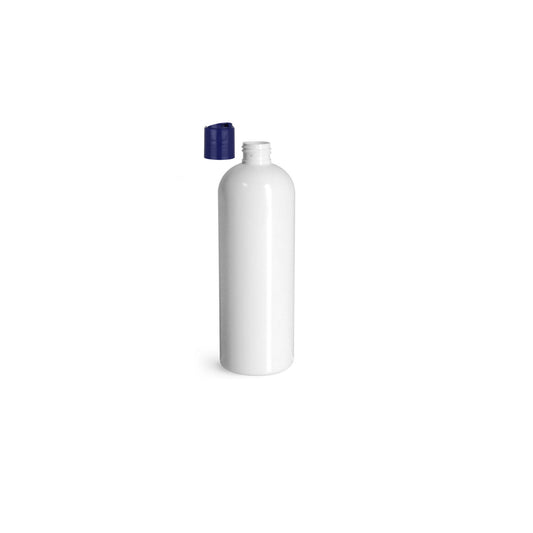 16 oz White Cosmo Round Bottles, Dark Blue Disc Cap (10 Pack)