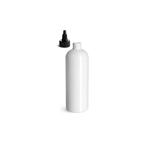 16 oz White Cosmo Round Bottles, Black Twist Cap (10 Pack)