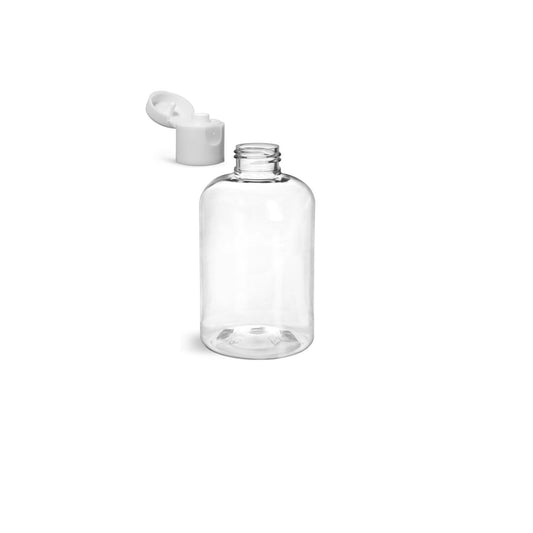 8 oz Clear Boston Round Bottles, White Smooth Snap Cap (12 Pack)