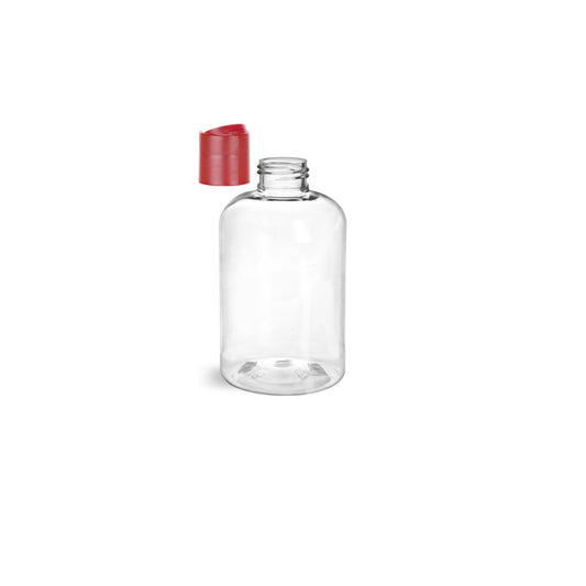8 oz Clear Boston Round Bottles, Coral Pink Disc Cap (12 Pack)
