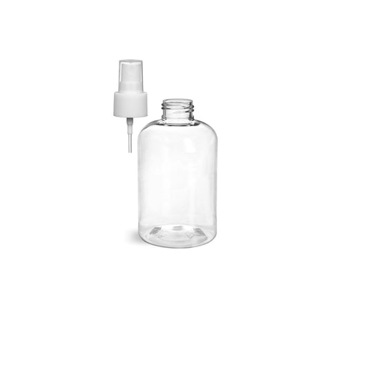 8 oz Clear Boston Round Bottles, White Spray Cap (8 Pack)