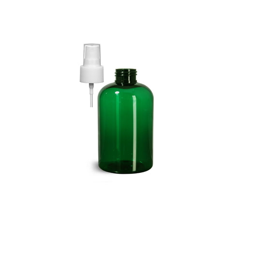 8 oz Green Boston Round Bottles, White Spray Cap (8 Pack)