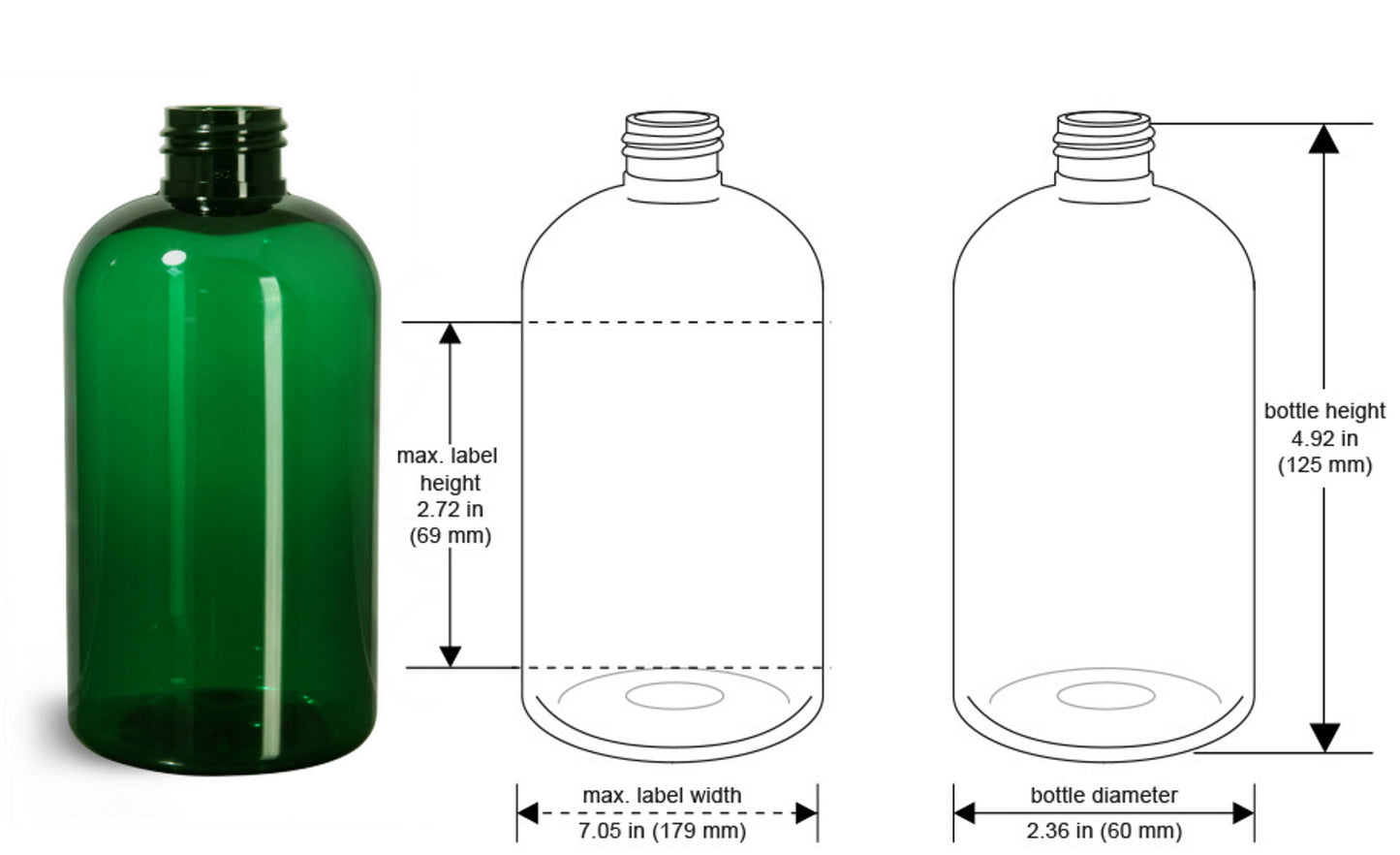 8 oz Green Boston Round Bottles, White Smooth Snap Cap (12 Pack)