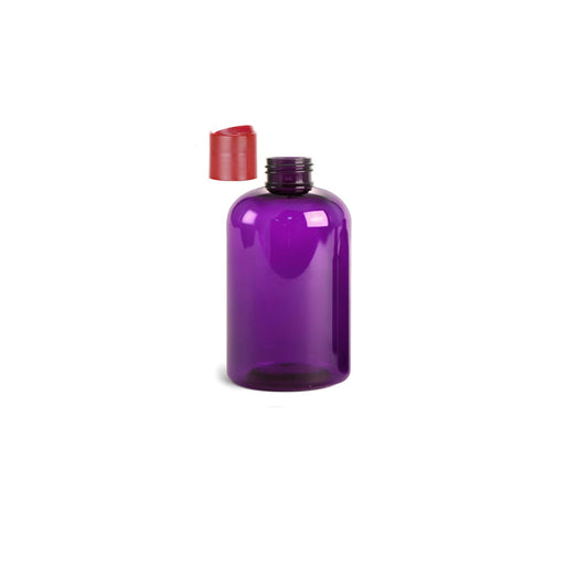 8 oz Purple Boston Round Bottles, Coral Pink Disc Cap (12 Pack)