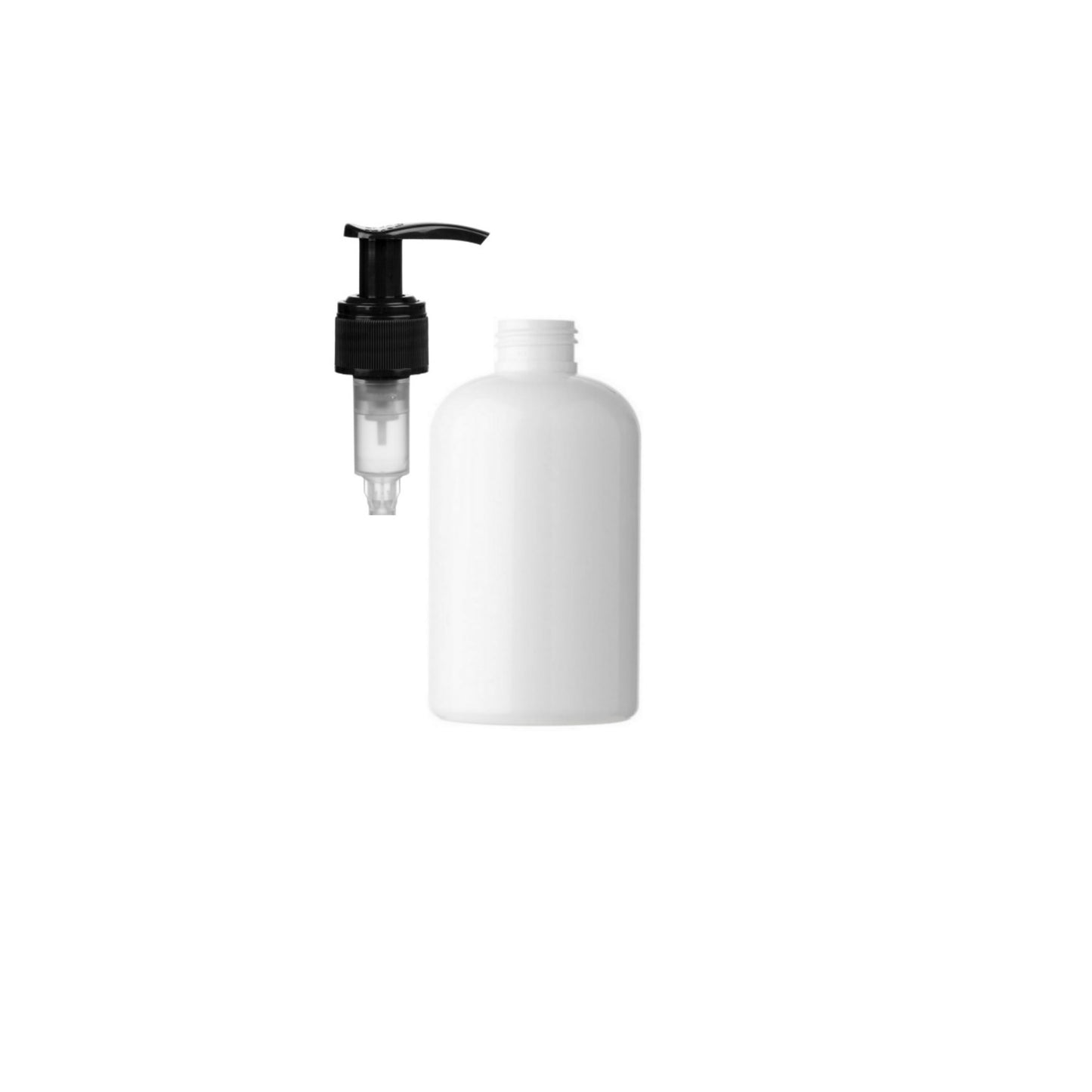 8 oz White Boston Round Bottles, Black Pump Cap (8 Pack)