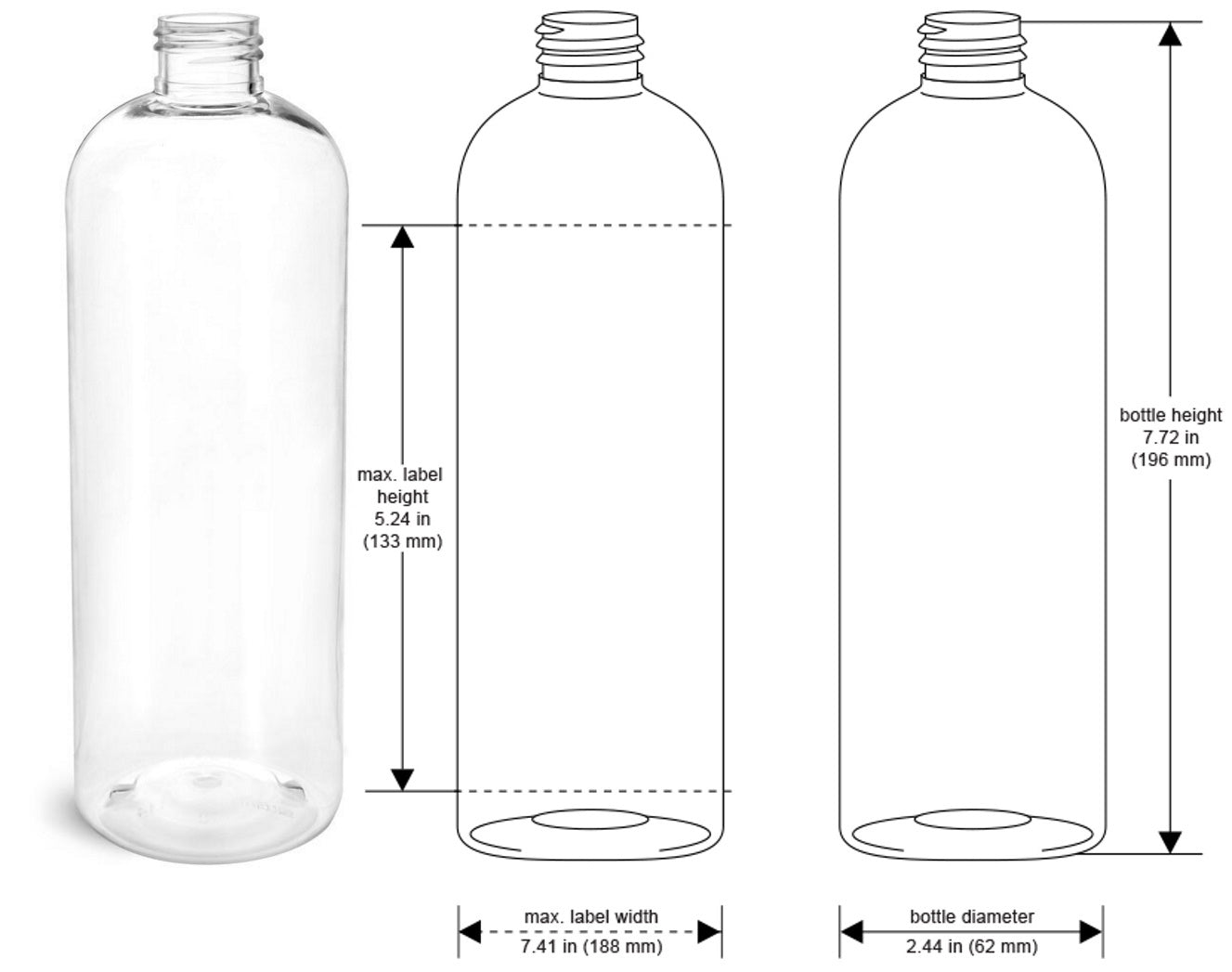 16 oz Clear Cosmo Round Bottles, Black Pump Cap (8 Pack)