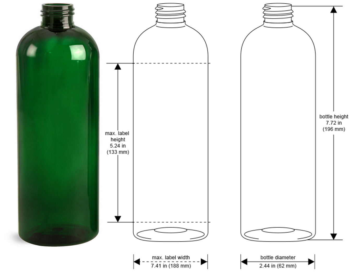 16 oz Green Cosmo Round Bottles, Black Pump Cap (8 Pack)