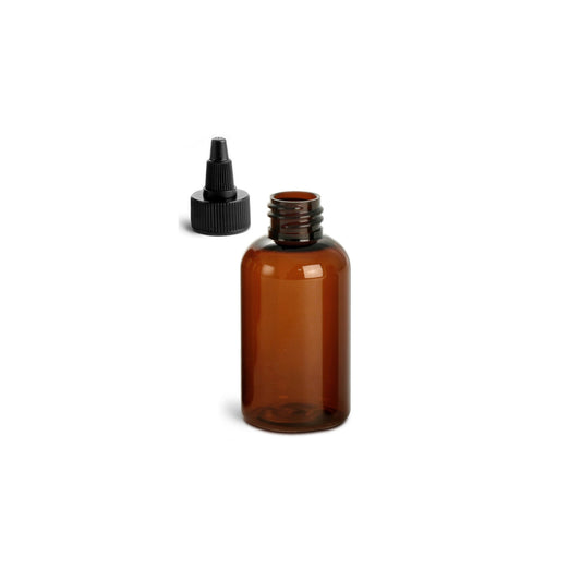 2 oz Amber Boston Round Bottles, Black Twist Cap (12 Pack)