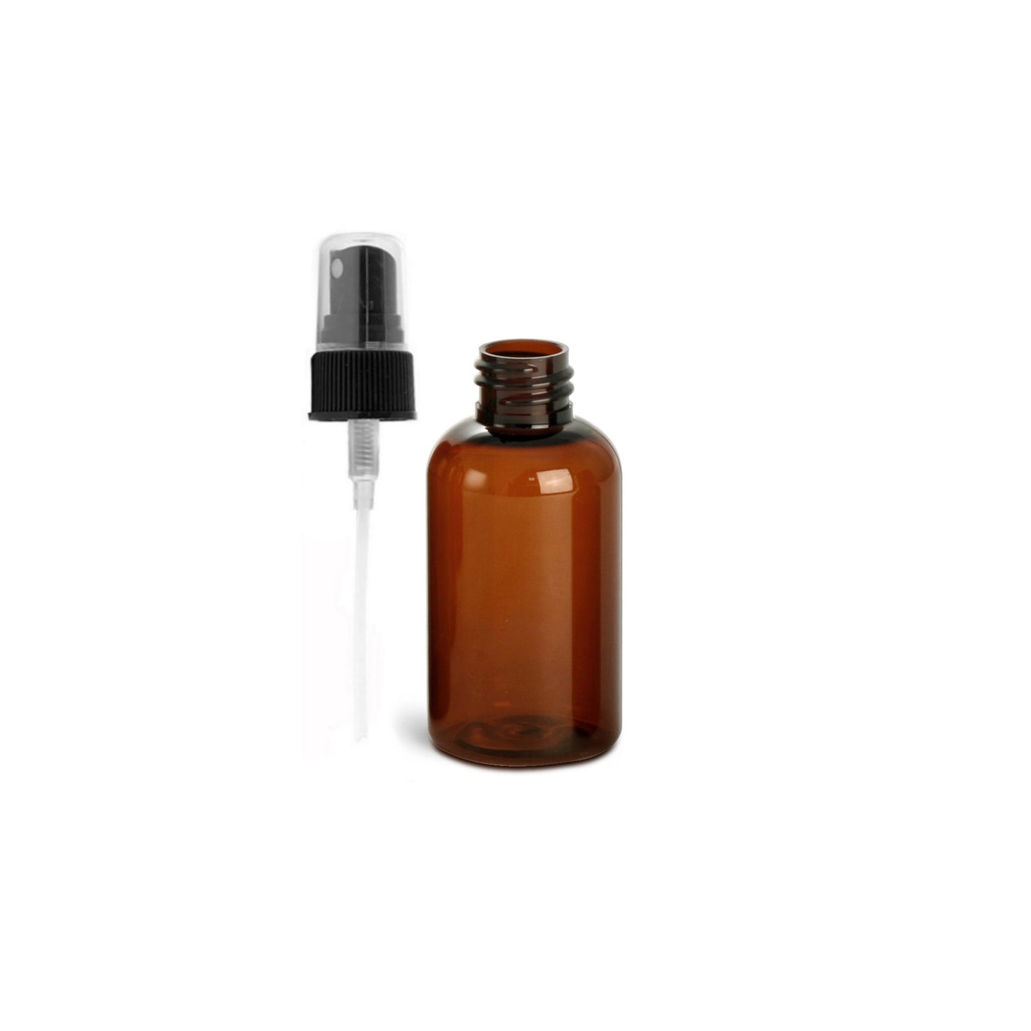 2 oz Amber Boston Round Bottles, Black Spray Cap (12 Pack)