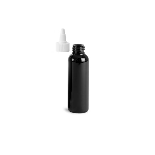 2 oz Black Cosmo Round Bottles, White Twist Cap (12 Pack)