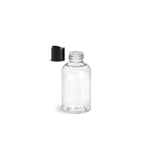 2 oz Clear Boston Round Bottles, Black Disc Cap (12 Pack)