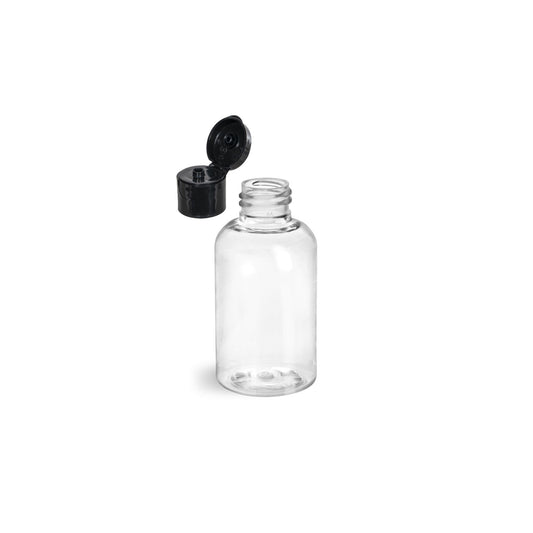 2 oz Clear Boston Round Bottles, Black Smooth Snap Cap (12 Pack)