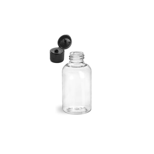 2 oz Clear Boston Round Bottles, Black Ribbed Snap Cap (12 Pack)