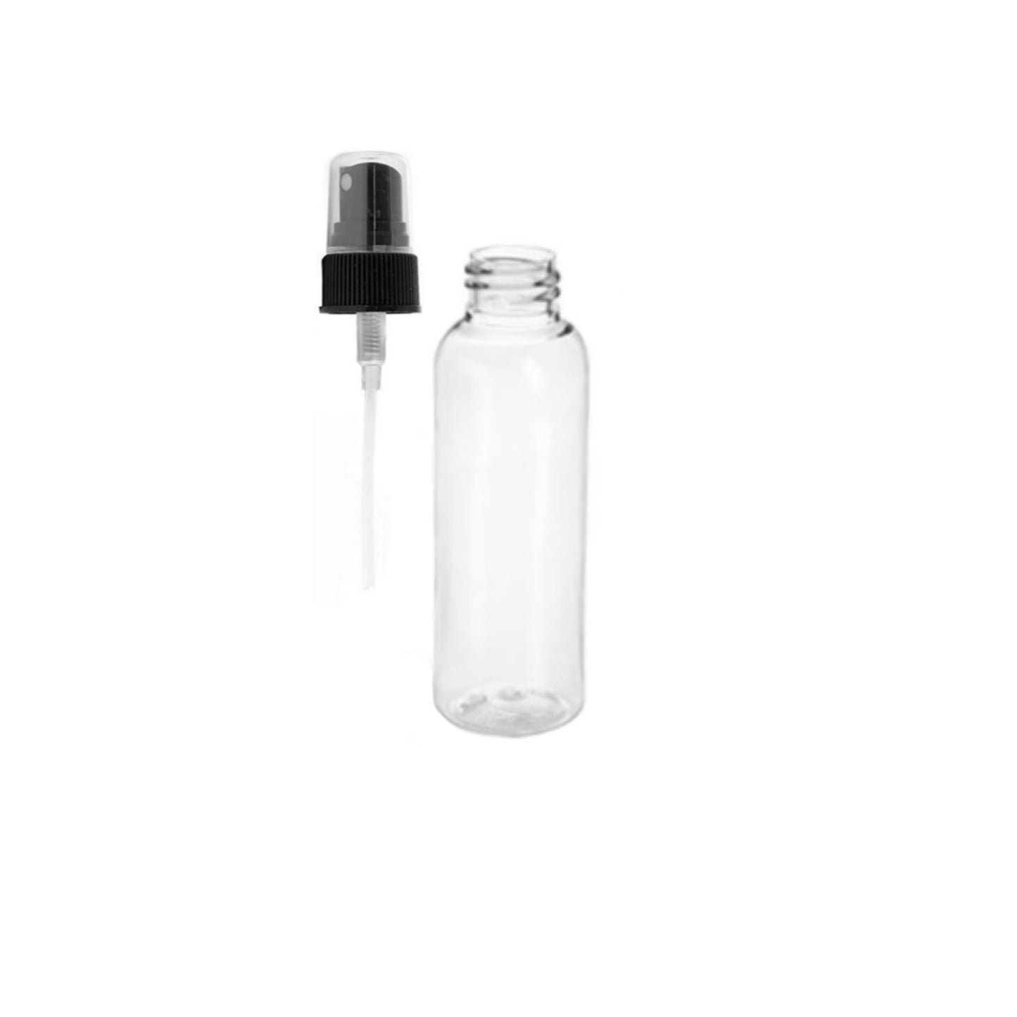 2 oz Clear Cosmo Round Bottles, Black Spray Cap (12 Pack)