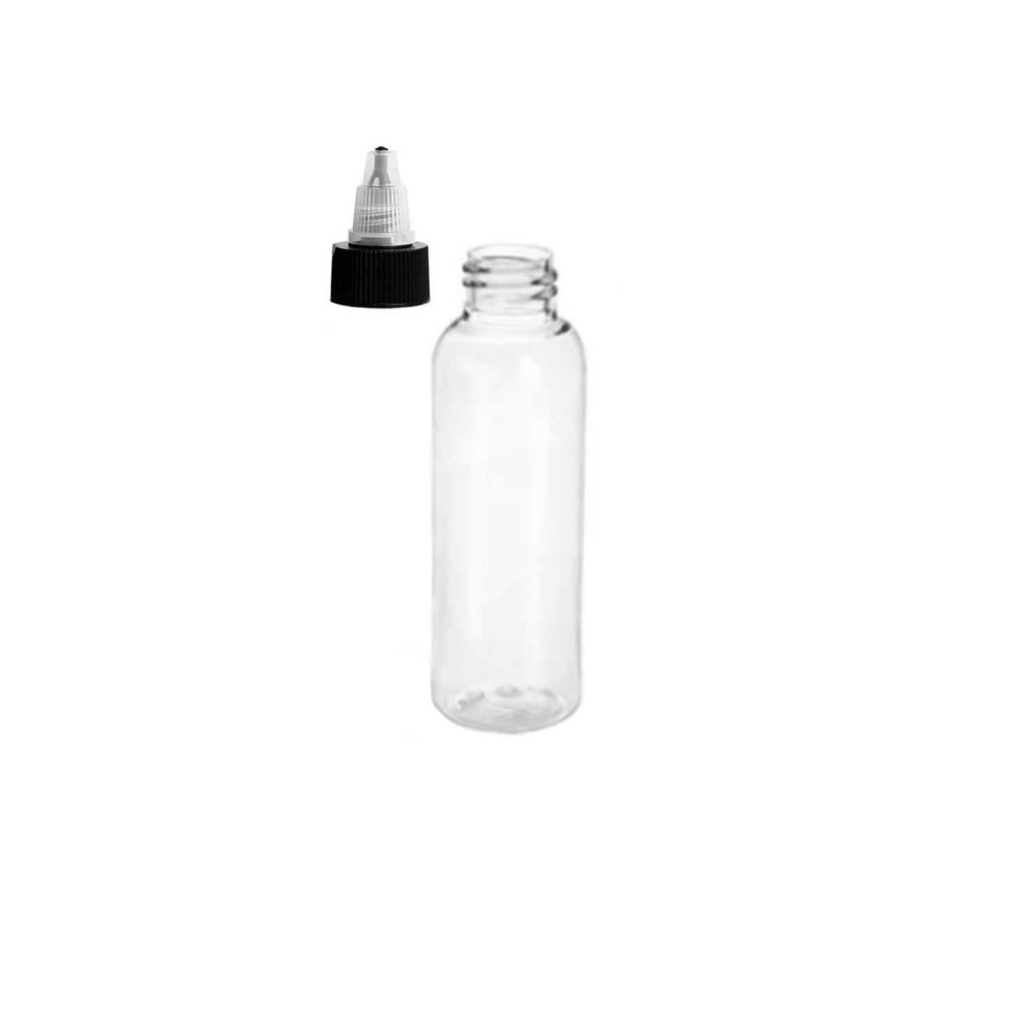 2 oz Clear Cosmo Round Bottles, Black/Natural Twist Cap (12 Pack)