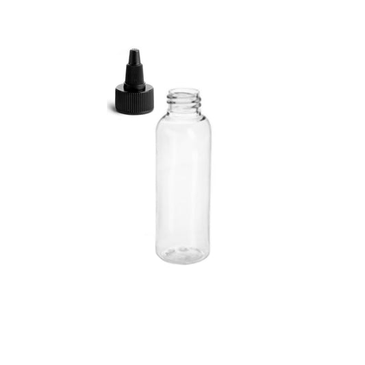 2 oz Clear Cosmo Round Bottles, Black Twist Cap (12 Pack)