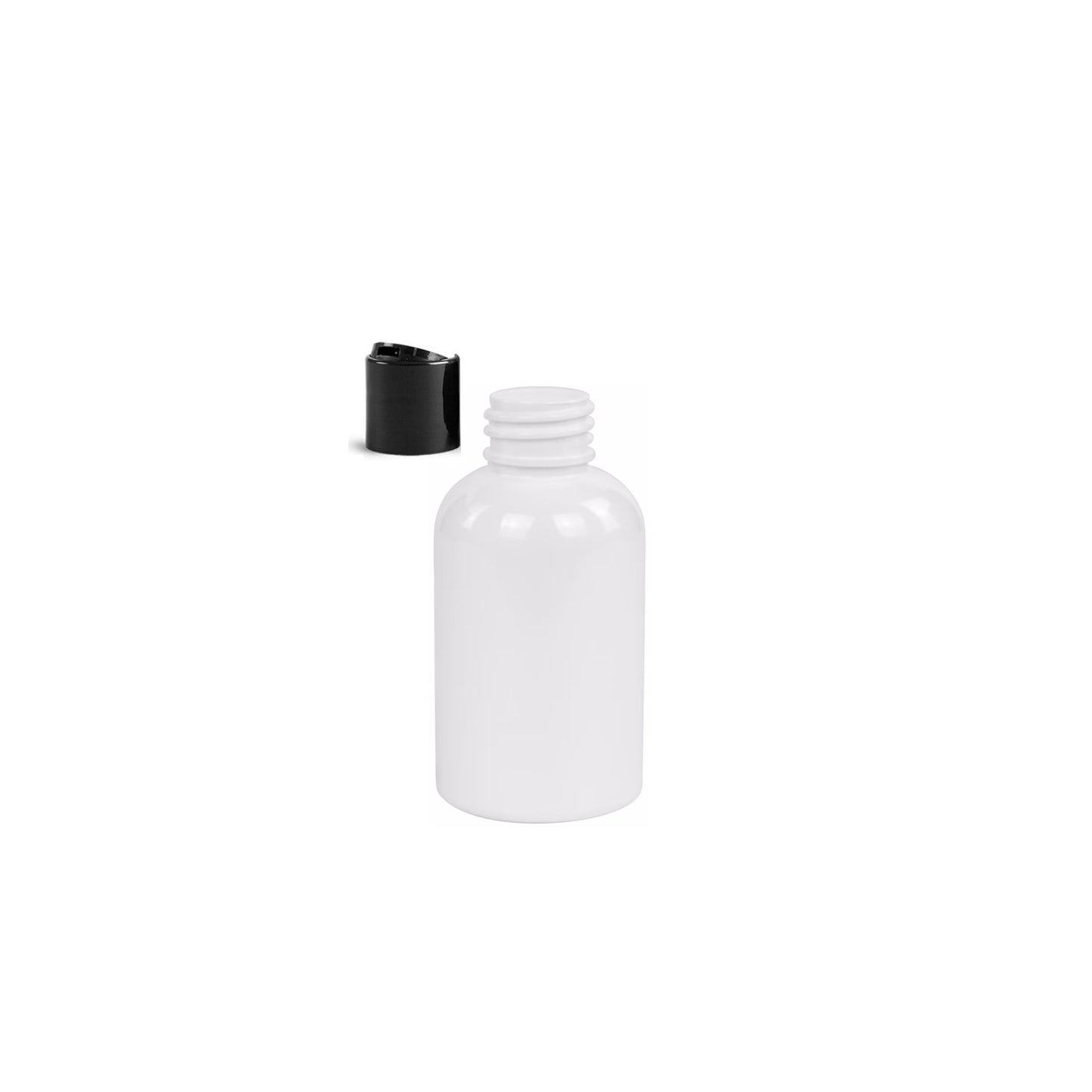 2 oz White Boston Round Bottles, Black Disc Cap (12 Pack)