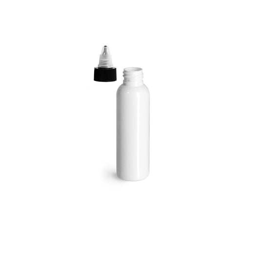 2 oz White Cosmo Round Bottles, Black/Natural Twist Cap (12 Pack)