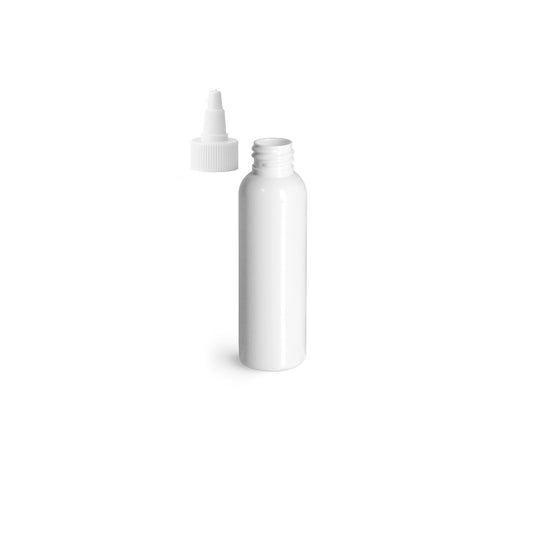 2 oz White Cosmo Round Bottles, White Twist Cap (12 Pack)