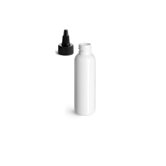 2 oz White Cosmo Round Bottles, Black Twist Cap (12 Pack)