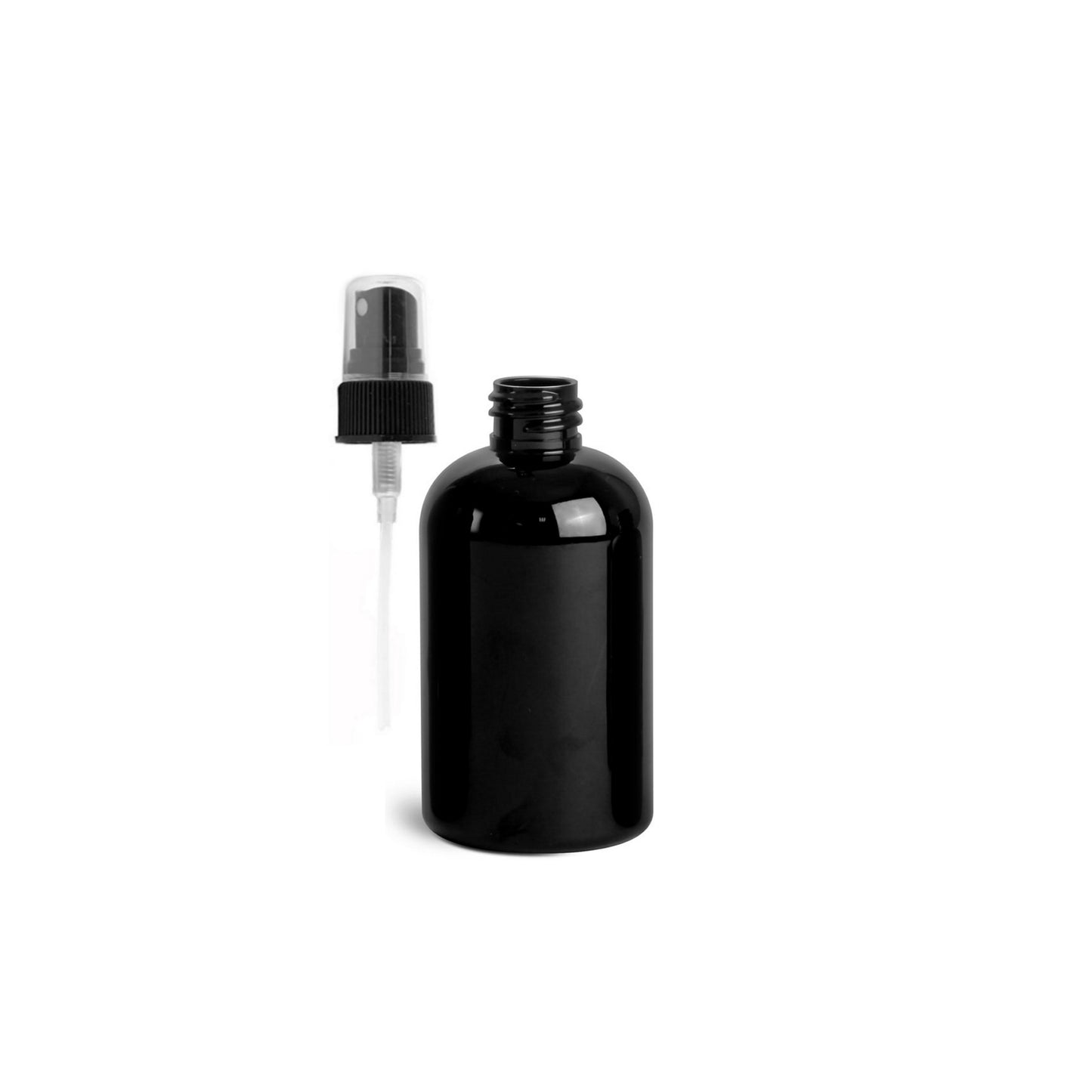 4 oz Black Boston Round Bottles, Black Spray Cap (8 Pack)