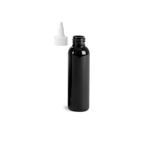 4 oz Black Cosmo Round Bottles, White Twist Cap (12 Pack)