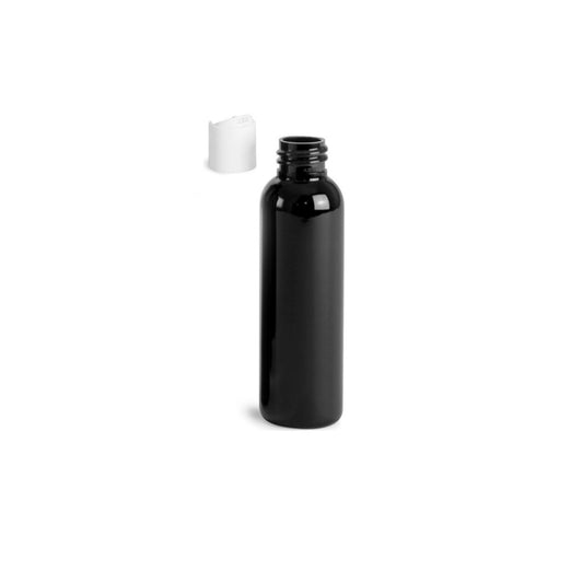 4 oz Black Cosmo Round Bottles, White Disc Cap (12 Pack)