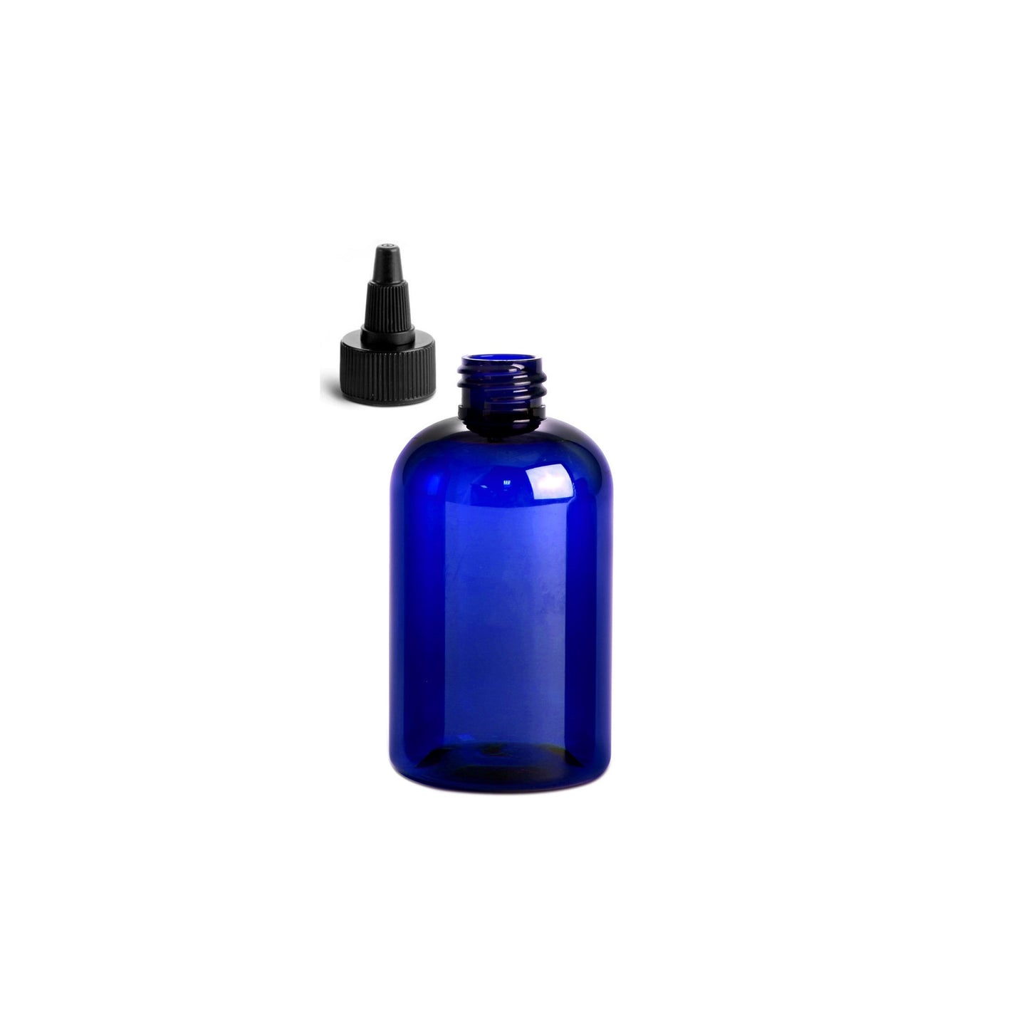 4 oz Blue Boston Round Bottles, Black Twist Cap (12 Pack)