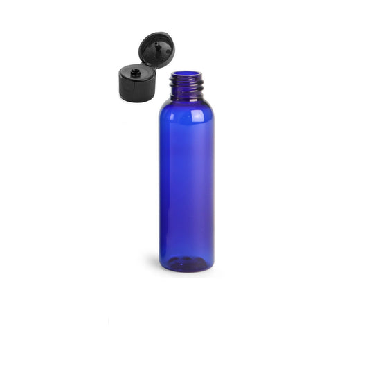 4 oz Blue Cosmo Round Bottles, Black Ribbed Snap Cap (12 Pack)