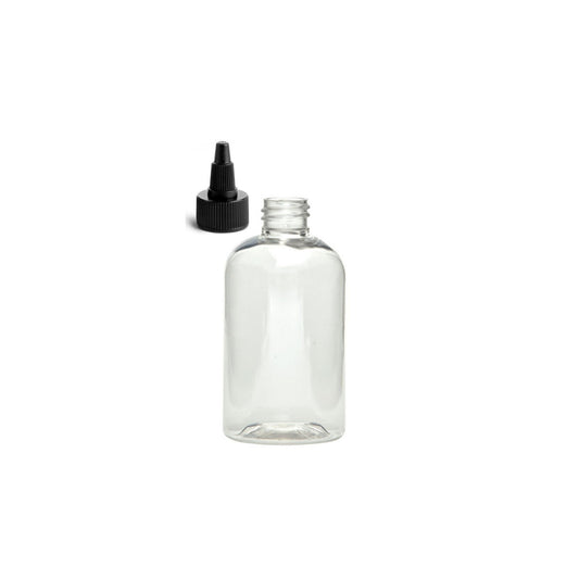 4 oz Clear Boston Round Bottles, Black Twist Cap (12 Pack)