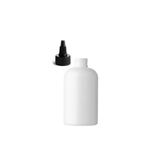 4 oz White Boston Round Bottles, Black Twist Cap (12 Pack)