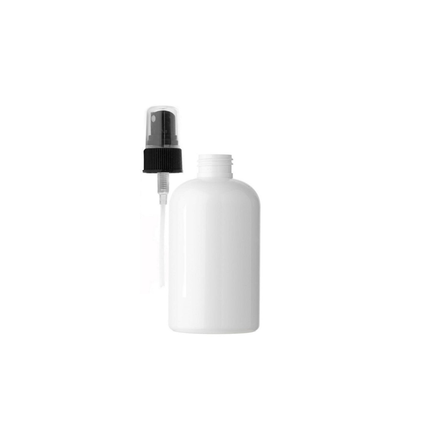 4 oz White Boston Round Bottles, Black Spray Cap (8 Pack)