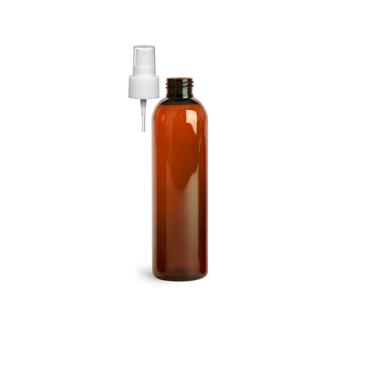 8 oz Amber Cosmo Round Bottles, White Spray Cap (8 Pack)