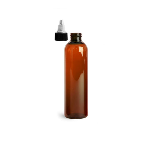 8 oz Amber Cosmo Round Bottles, Black/Natural Twist Cap (12 Pack)