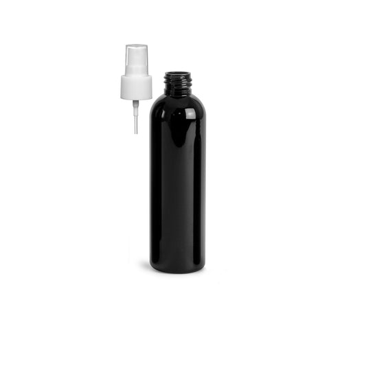 8 oz Black Cosmo Round Bottles, White Spray Cap (8 Pack)